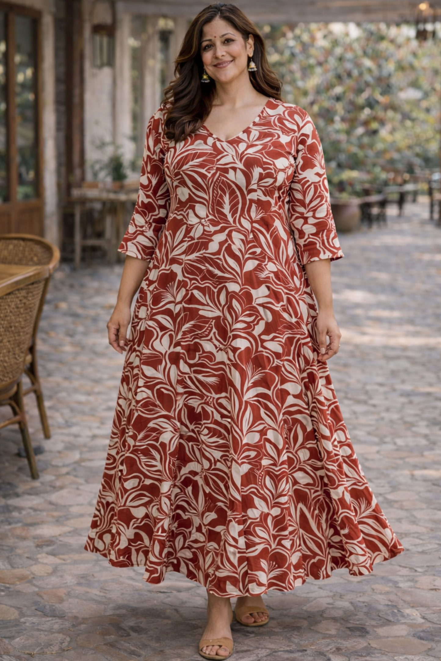 Rust Botanical Rayon Dress With Pockets