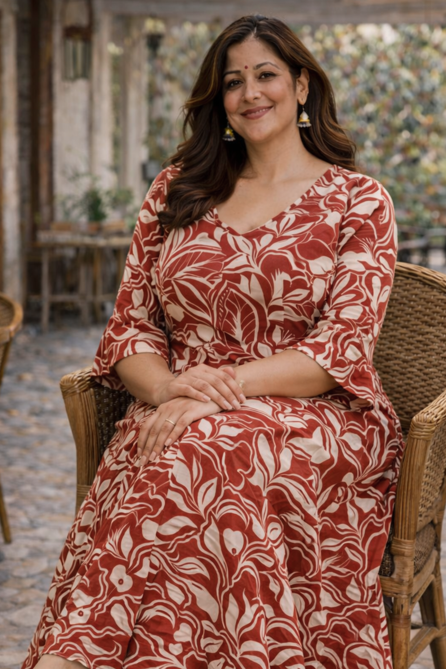 Rust Botanical Rayon Dress With Pockets