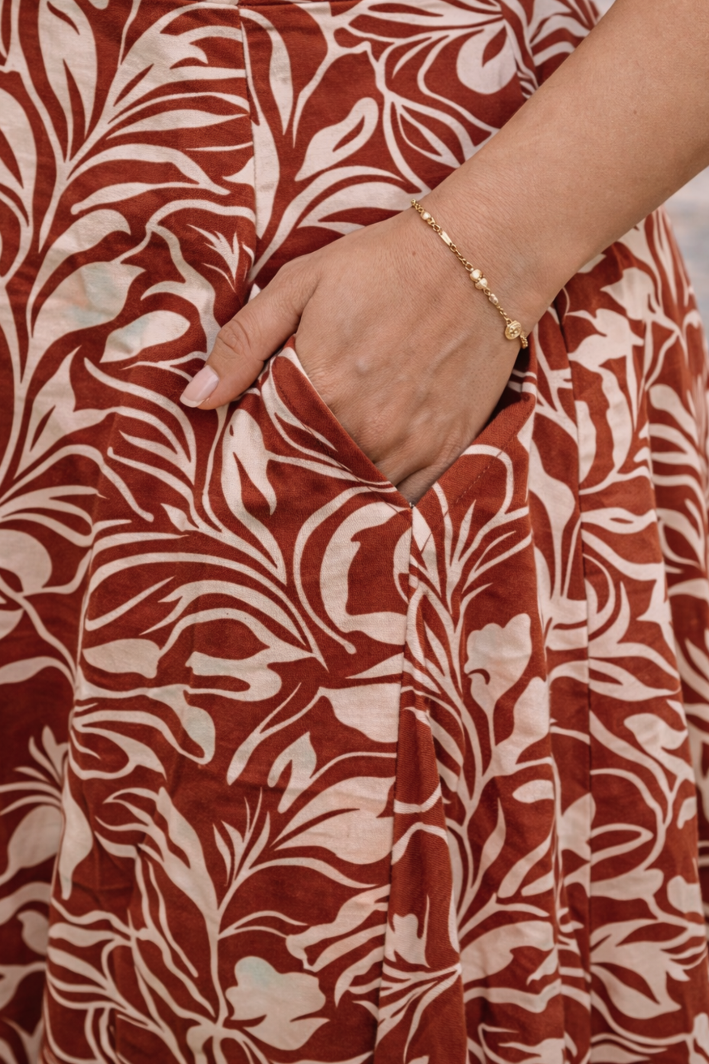 Rust Botanical Rayon Dress With Pockets