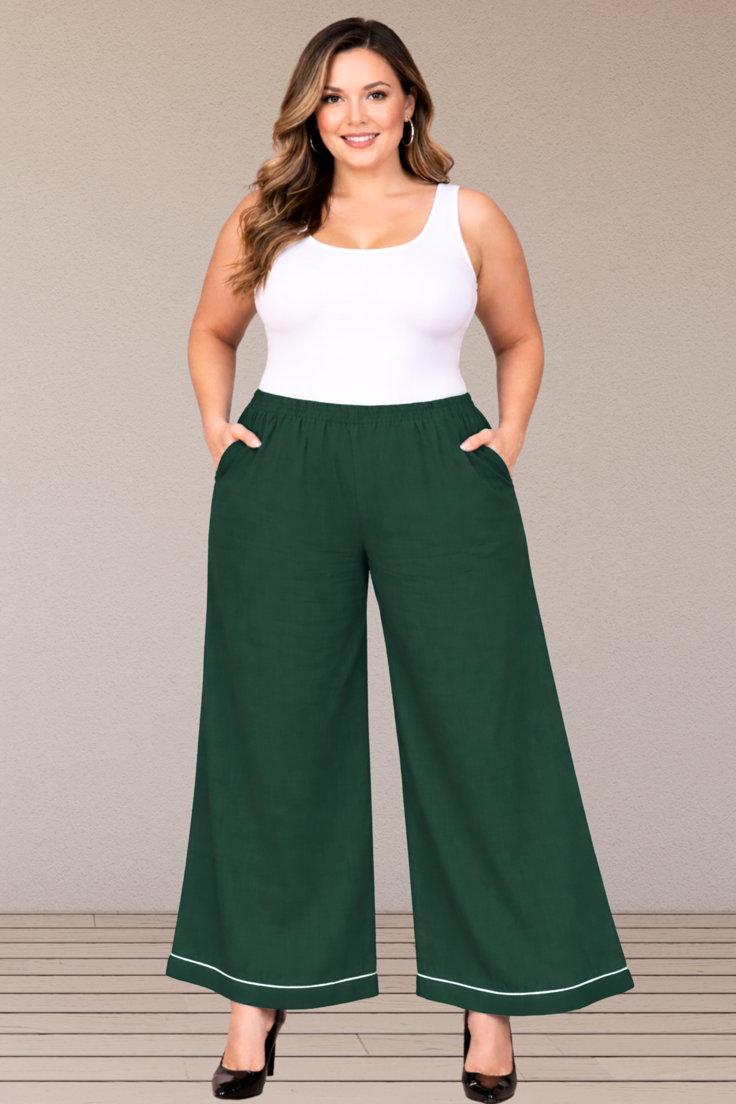 Bottle Green Detailed Hemline Rayon Palazzo