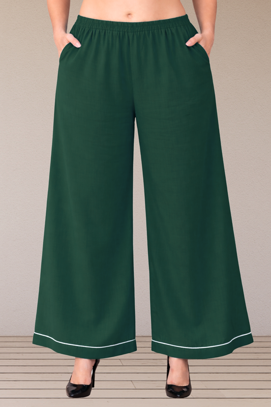 Bottle Green Detailed Hemline Rayon Palazzo