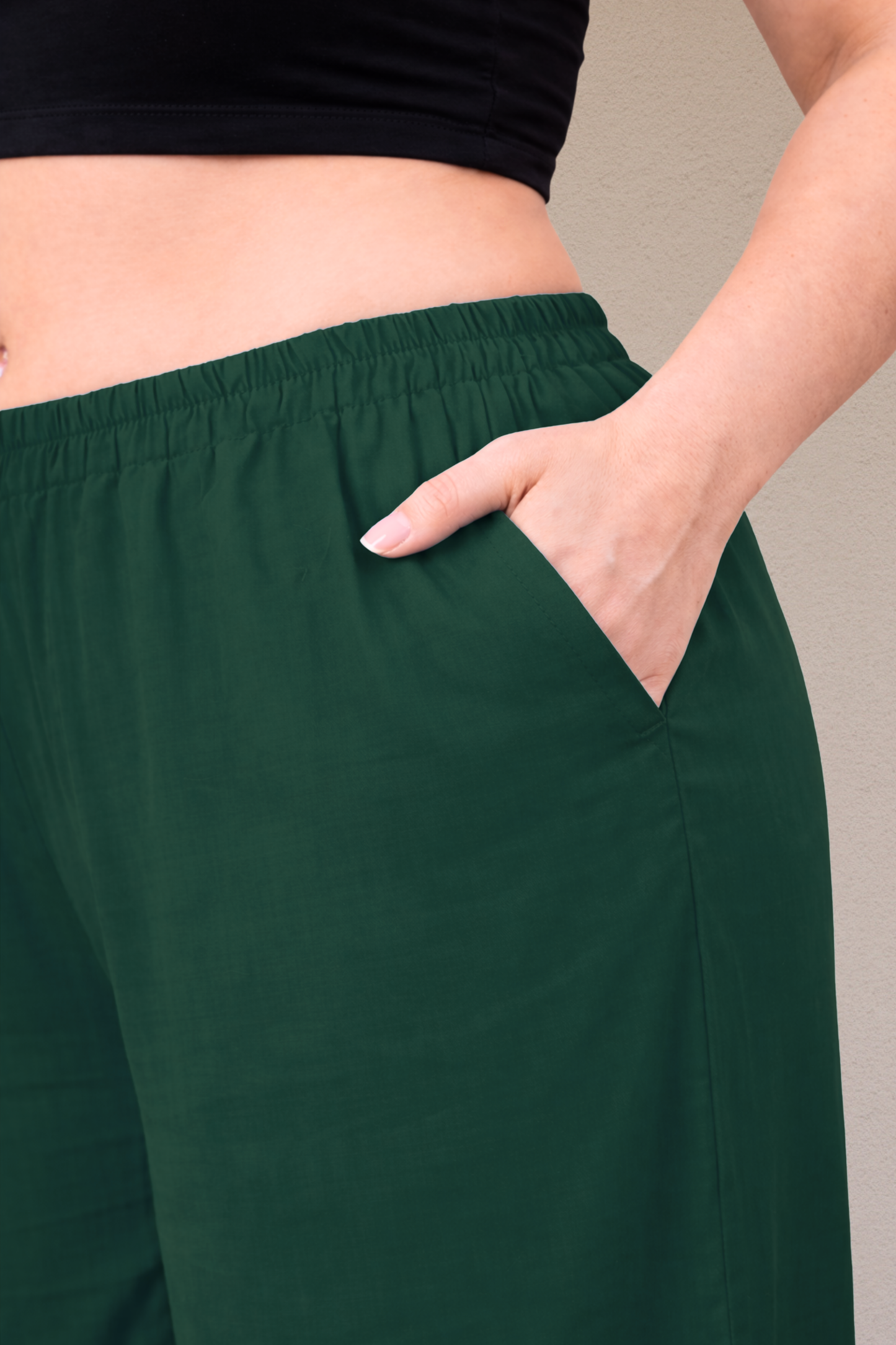 Bottle Green Detailed Hemline Rayon Palazzo