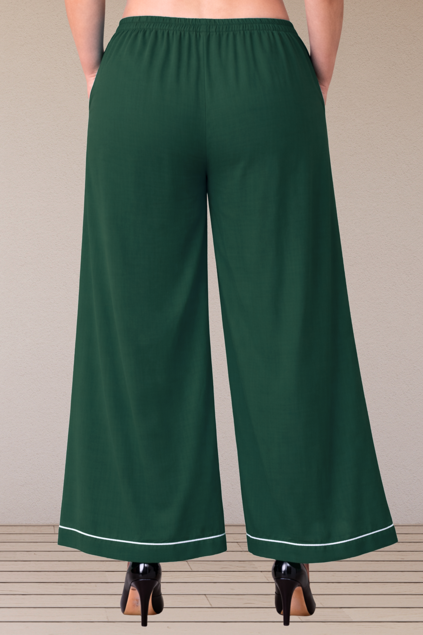 Bottle Green Detailed Hemline Rayon Palazzo