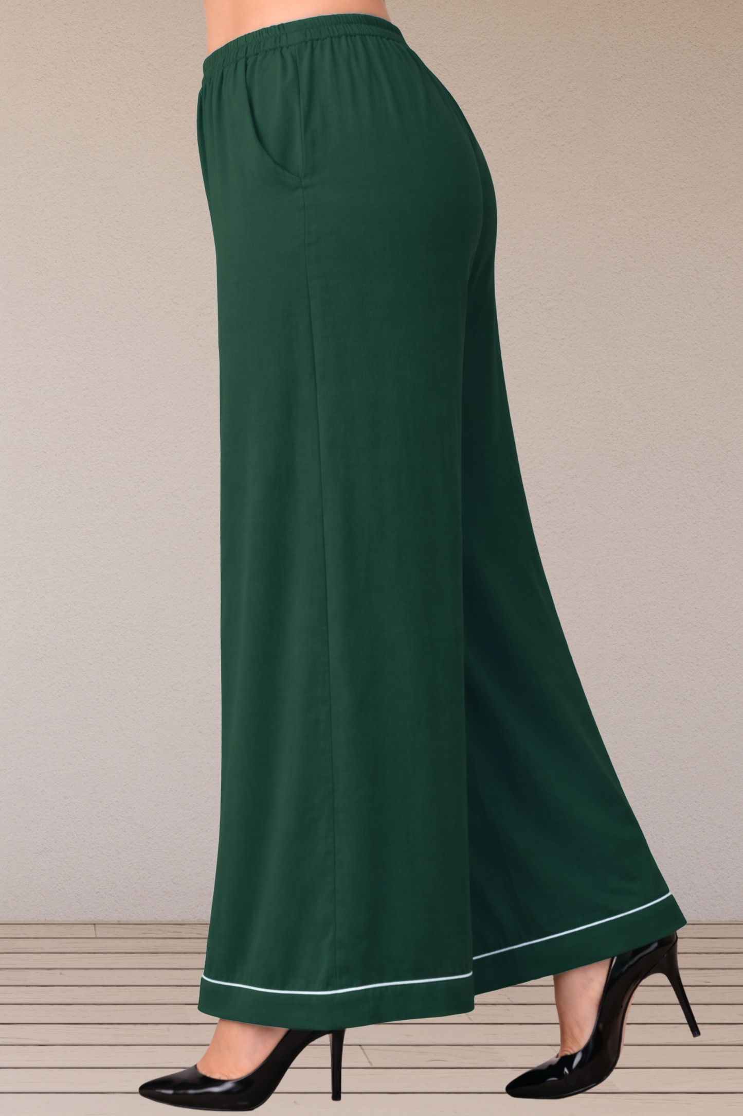 Bottle Green Detailed Hemline Rayon Palazzo