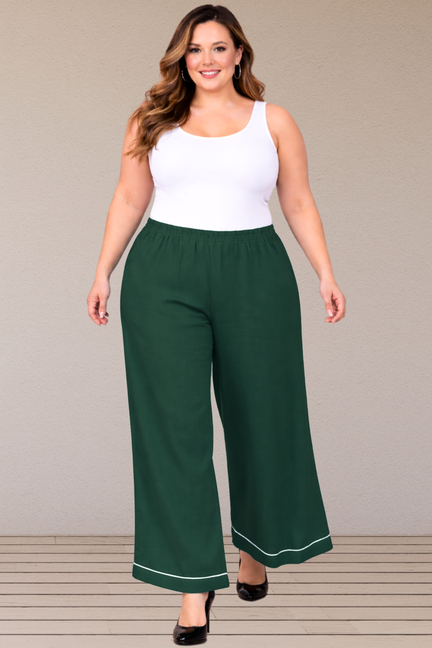 Bottle Green Detailed Hemline Rayon Palazzo