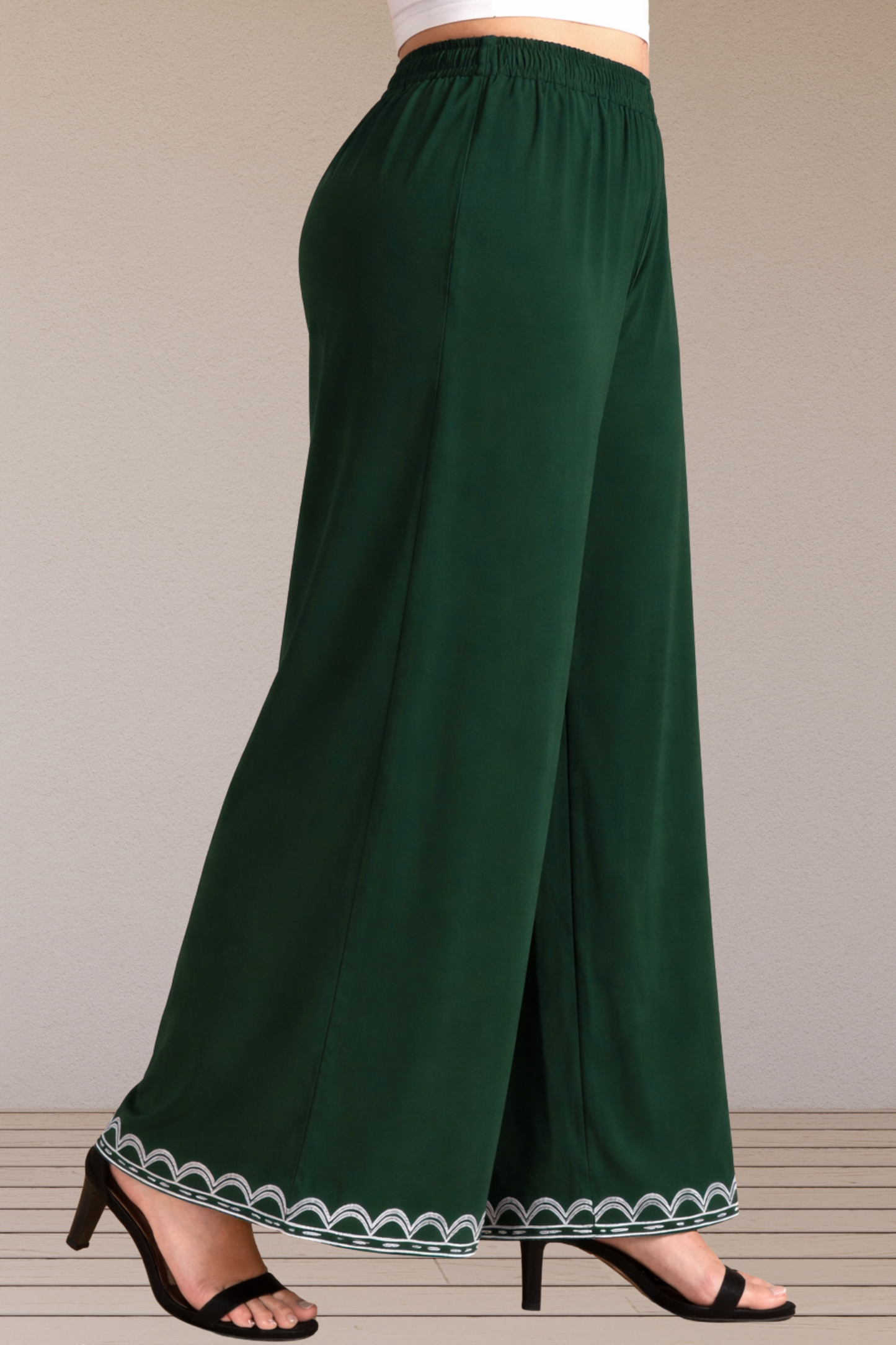 Bottle Green Detailed Rayon Palazzo
