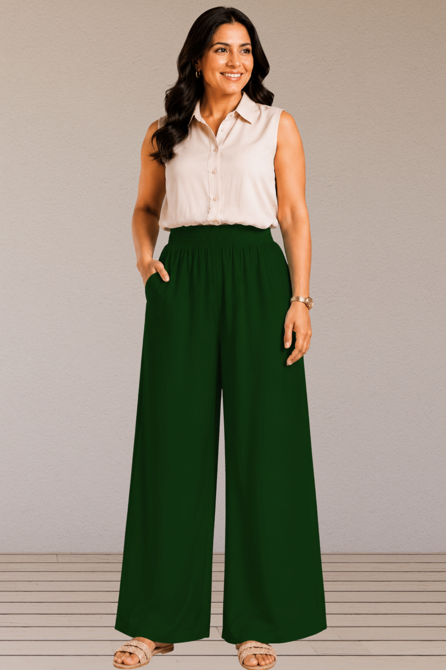 Bottle Green Flared Palazzo Pant