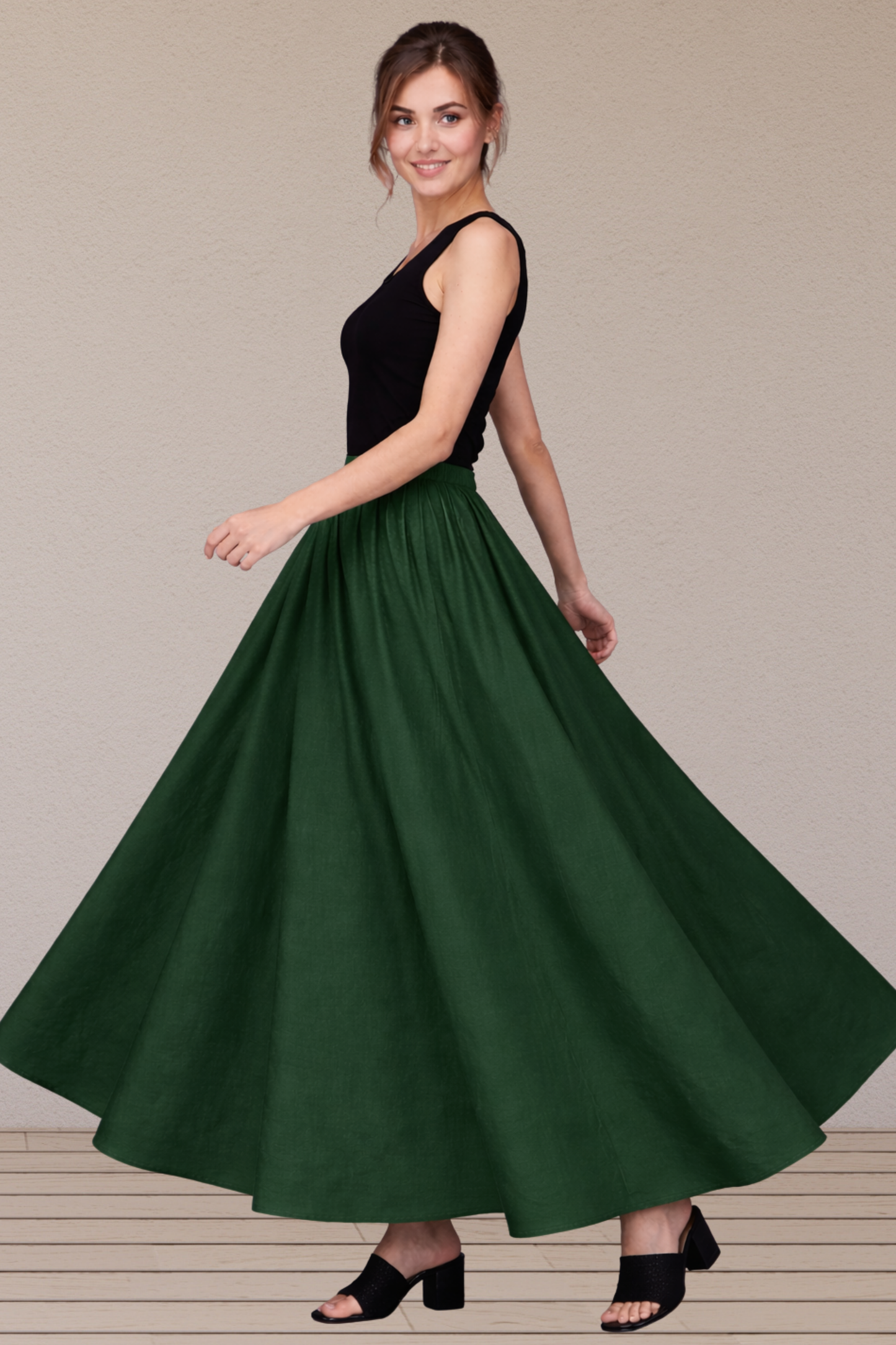 Bottle Green Rayon Long Skirt