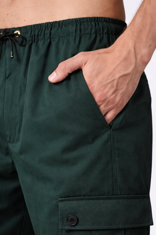 Bottle Green Solid Stretch Cargo - 4 Pocket
