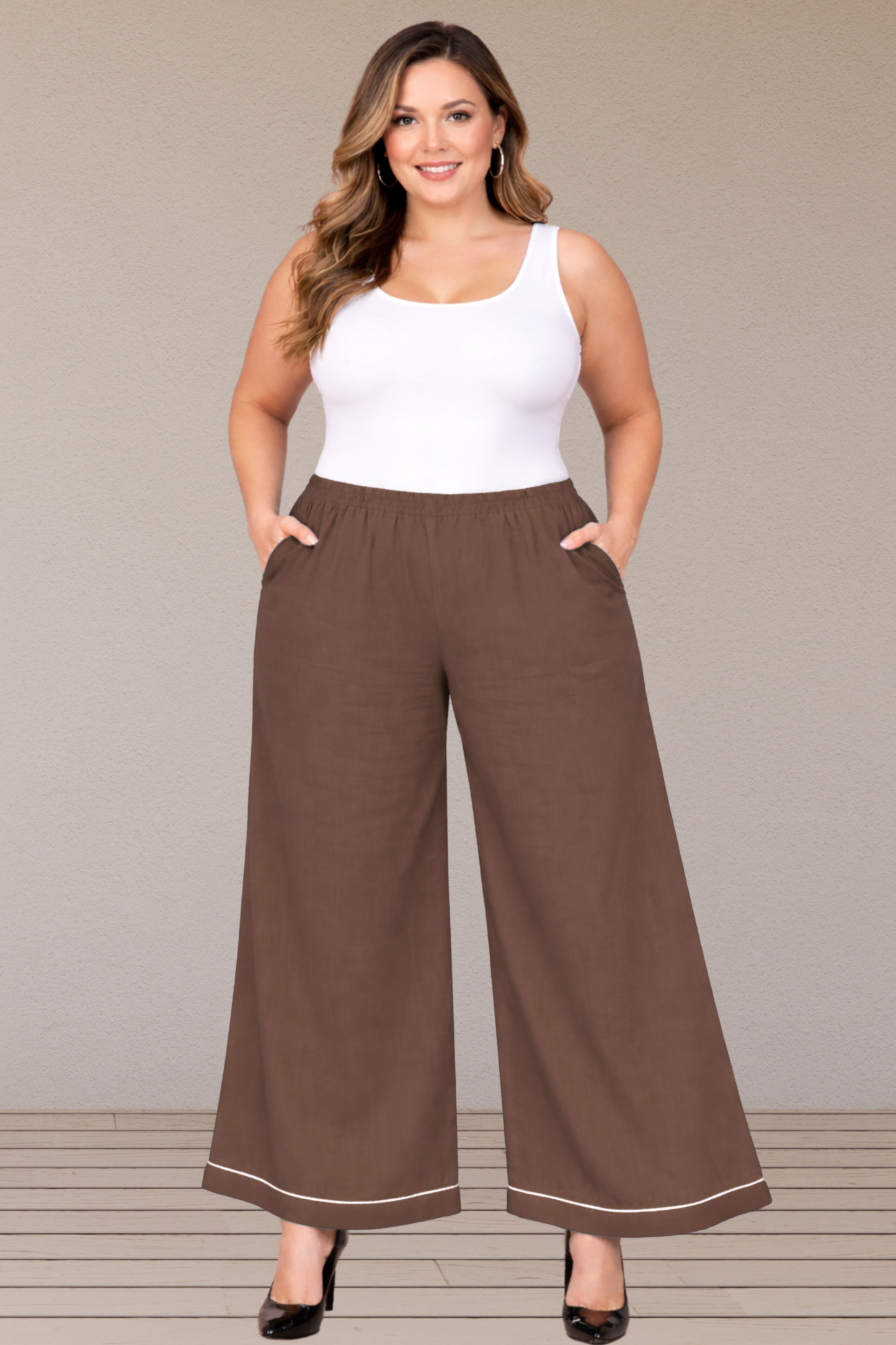Brown Detailed Hemline Rayon Palazzo