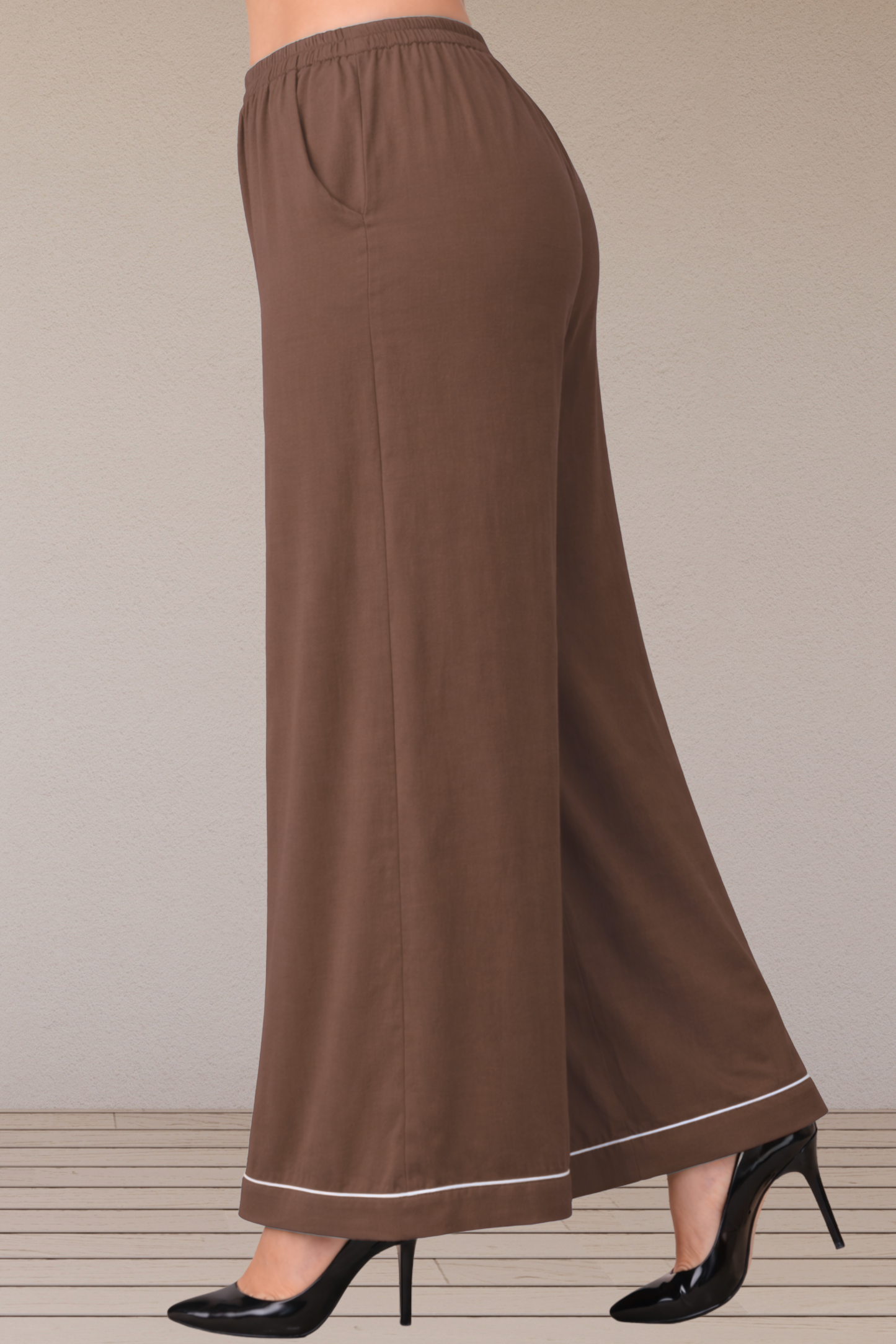 Brown Detailed Hemline Rayon Palazzo