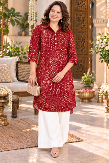Maroon Bandhani Foiled Kurta With Pockets