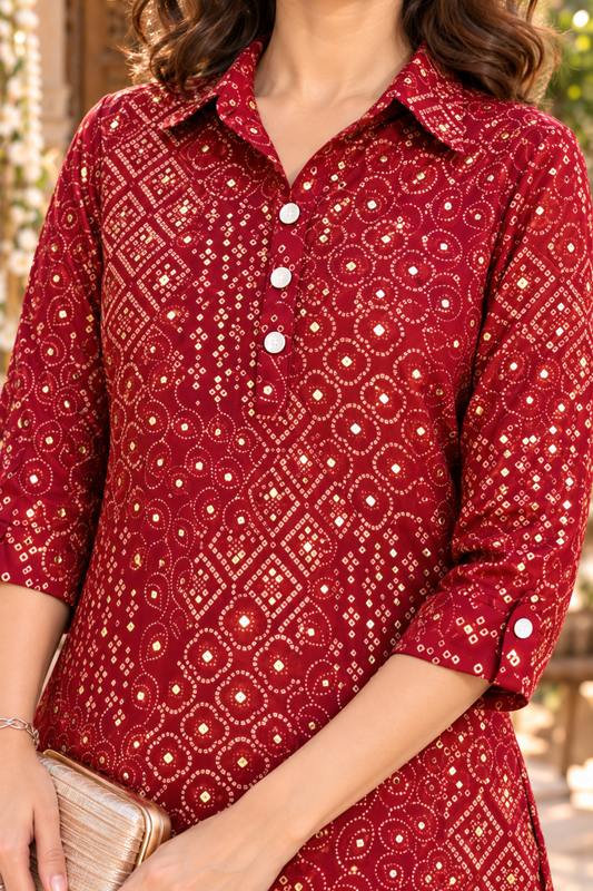 Maroon Bandhani Foiled Kurta With Pockets