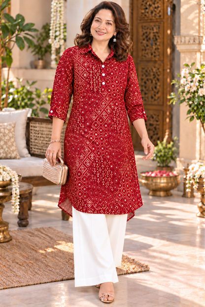 Maroon Bandhani Foiled Kurta With Pockets
