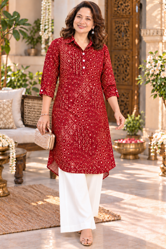 Maroon Bandhani Foiled Kurta With Pockets
