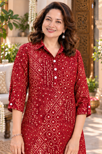 Maroon Bandhani Foiled Kurta With Pockets