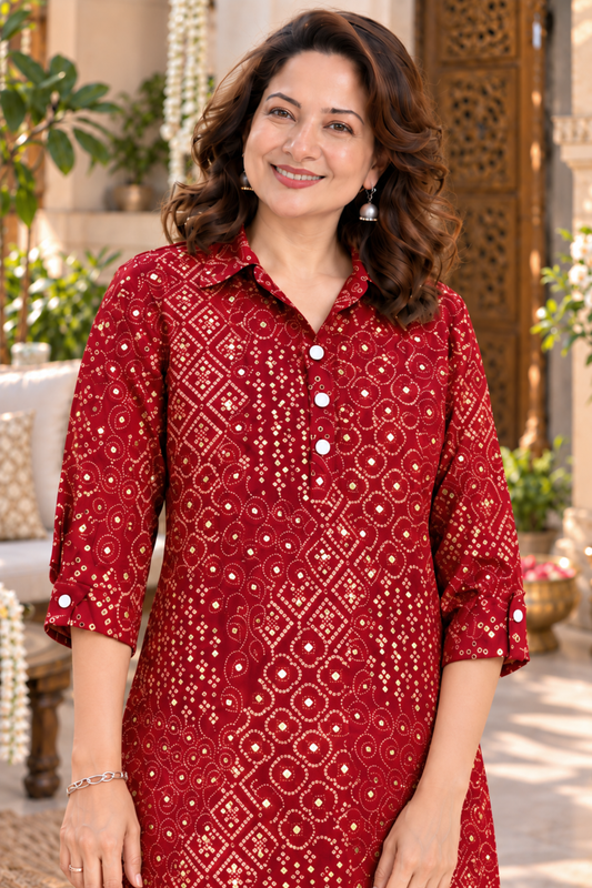 Maroon Bandhani Foiled Kurta With Pockets