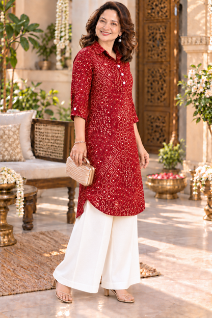 Maroon Bandhani Foiled Kurta With Pockets
