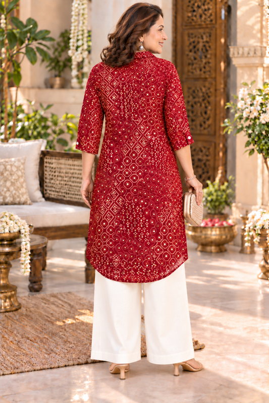 Maroon Bandhani Foiled Kurta With Pockets