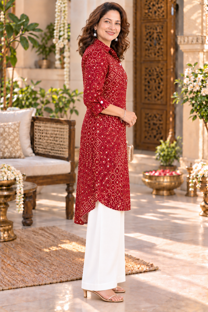 Maroon Bandhani Foiled Kurta With Pockets