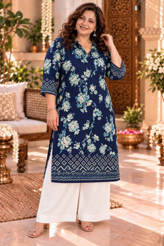 Wild Indigo Floral Kurta With Foil Print