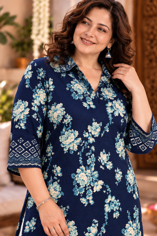 Wild Indigo Floral Kurta With Foil Print