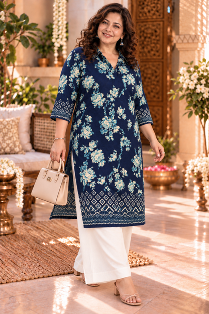 Wild Indigo Floral Kurta With Foil Print