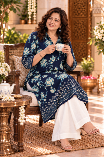 Wild Indigo Floral Kurta With Foil Print