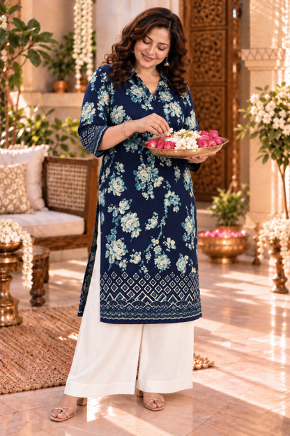 Wild Indigo Floral Kurta With Foil Print