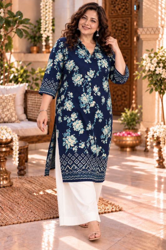 Wild Indigo Floral Kurta With Foil Print