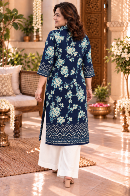 Wild Indigo Floral Kurta With Foil Print