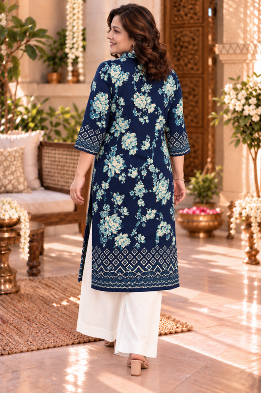 Wild Indigo Floral Kurta With Foil Print