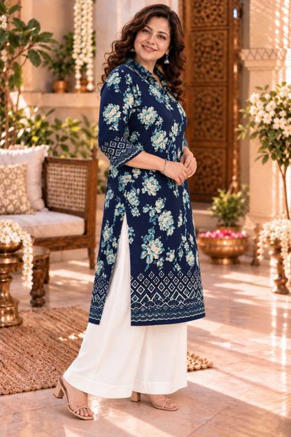 Wild Indigo Floral Kurta With Foil Print