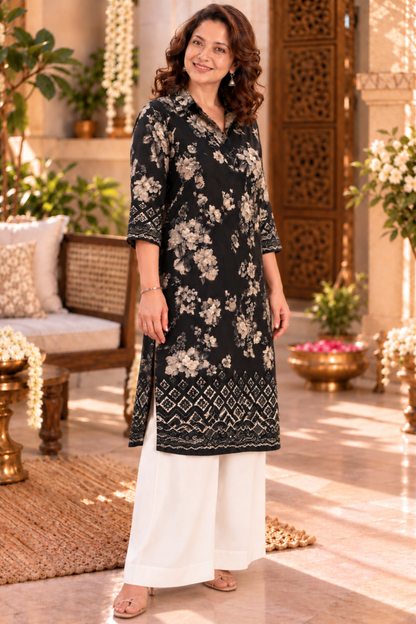 Wild Charcoal Floral Kurta With Foil Print
