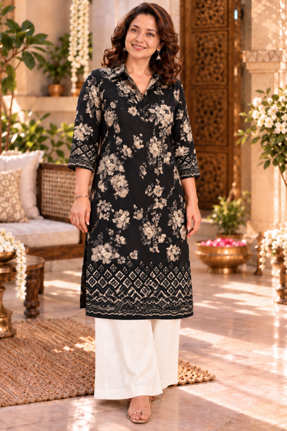 Wild Charcoal Floral Kurta With Foil Print