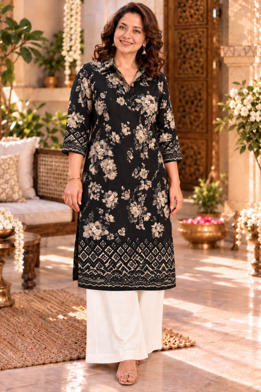 Wild Charcoal Floral Kurta With Foil Print