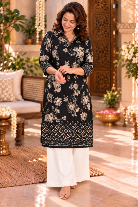 Wild Charcoal Floral Kurta With Foil Print