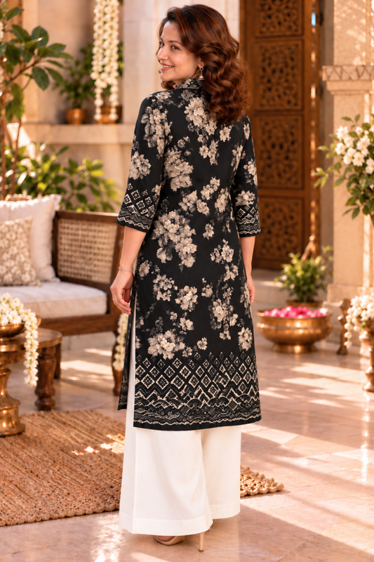 Wild Charcoal Floral Kurta With Foil Print