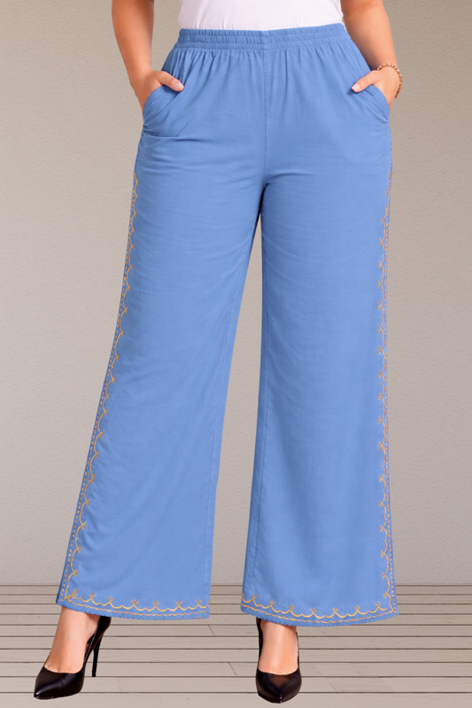 Cobalt Blue Embroidered Cotton Palazzo
