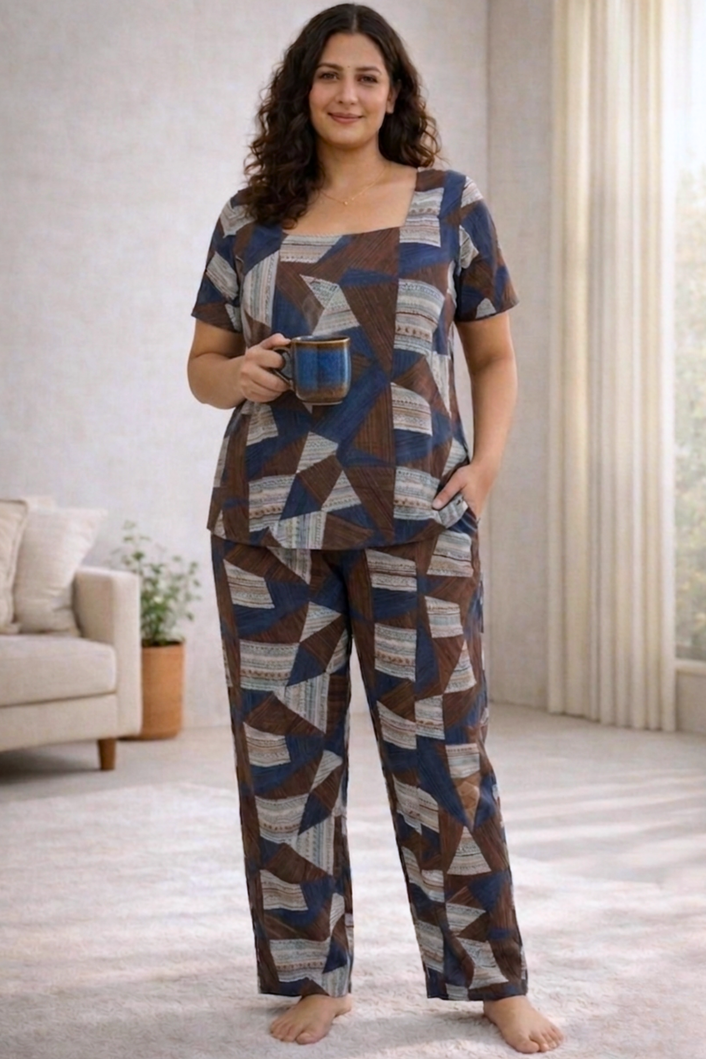 Cocoa Geometry Rayon Night Suit