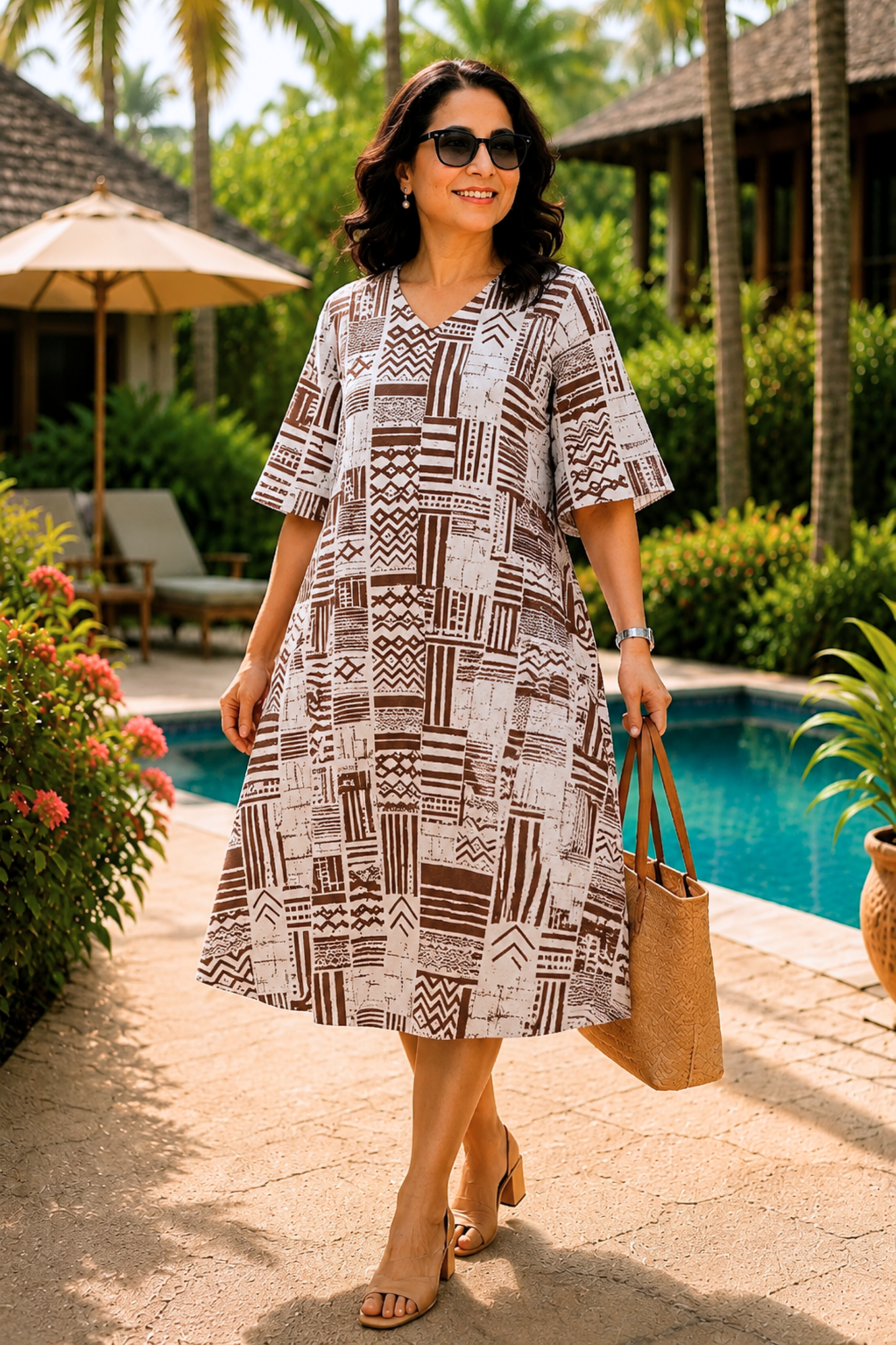 Cocoa Mosaic Printed Dress With Pockets