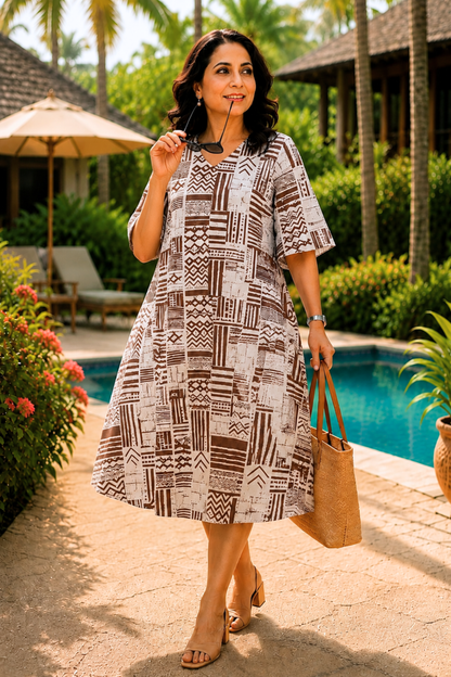 Cocoa Mosaic Printed Dress With Pockets