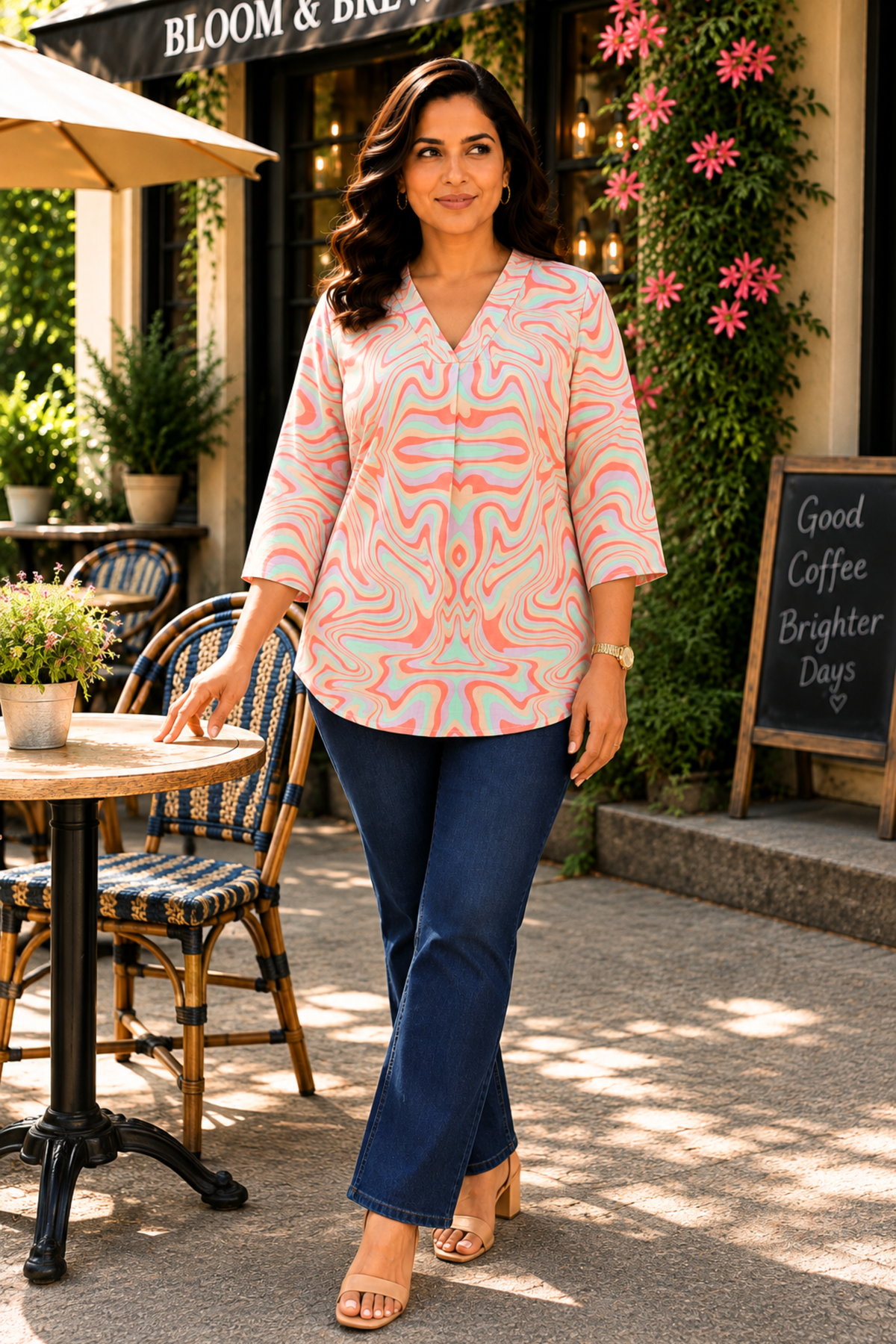 Pastel Current Printed Pleated Top