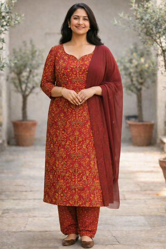 Crimson Bloom Printed Cotton Suit Set