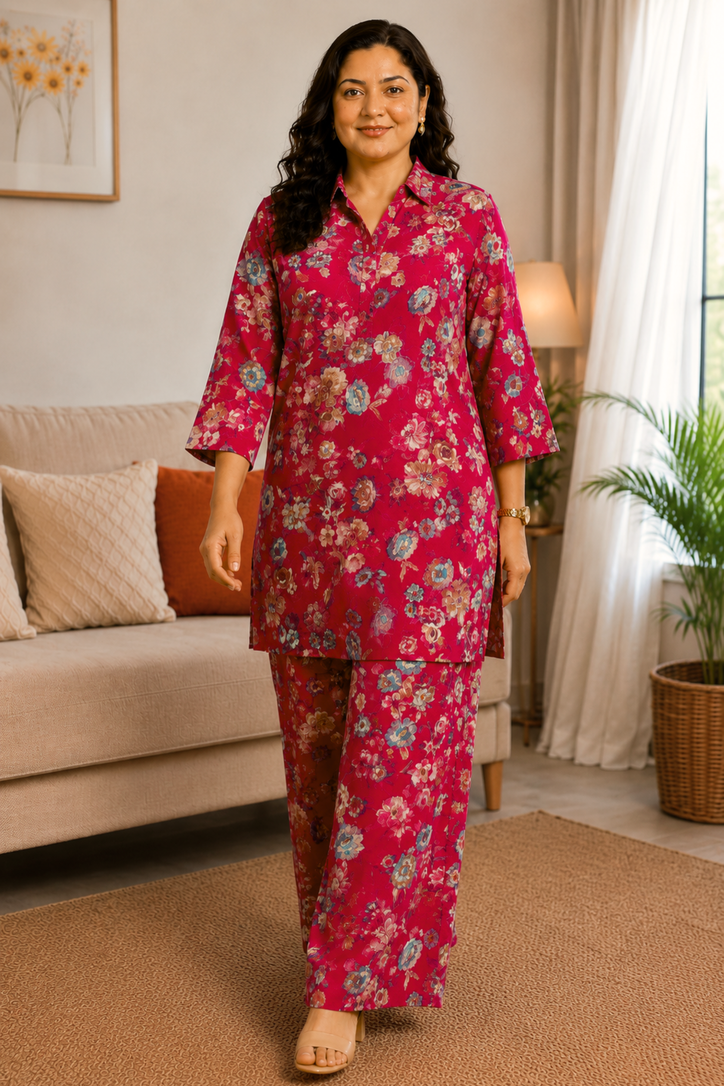 Crimson Jardin Foiled Rayon Co-ord Set