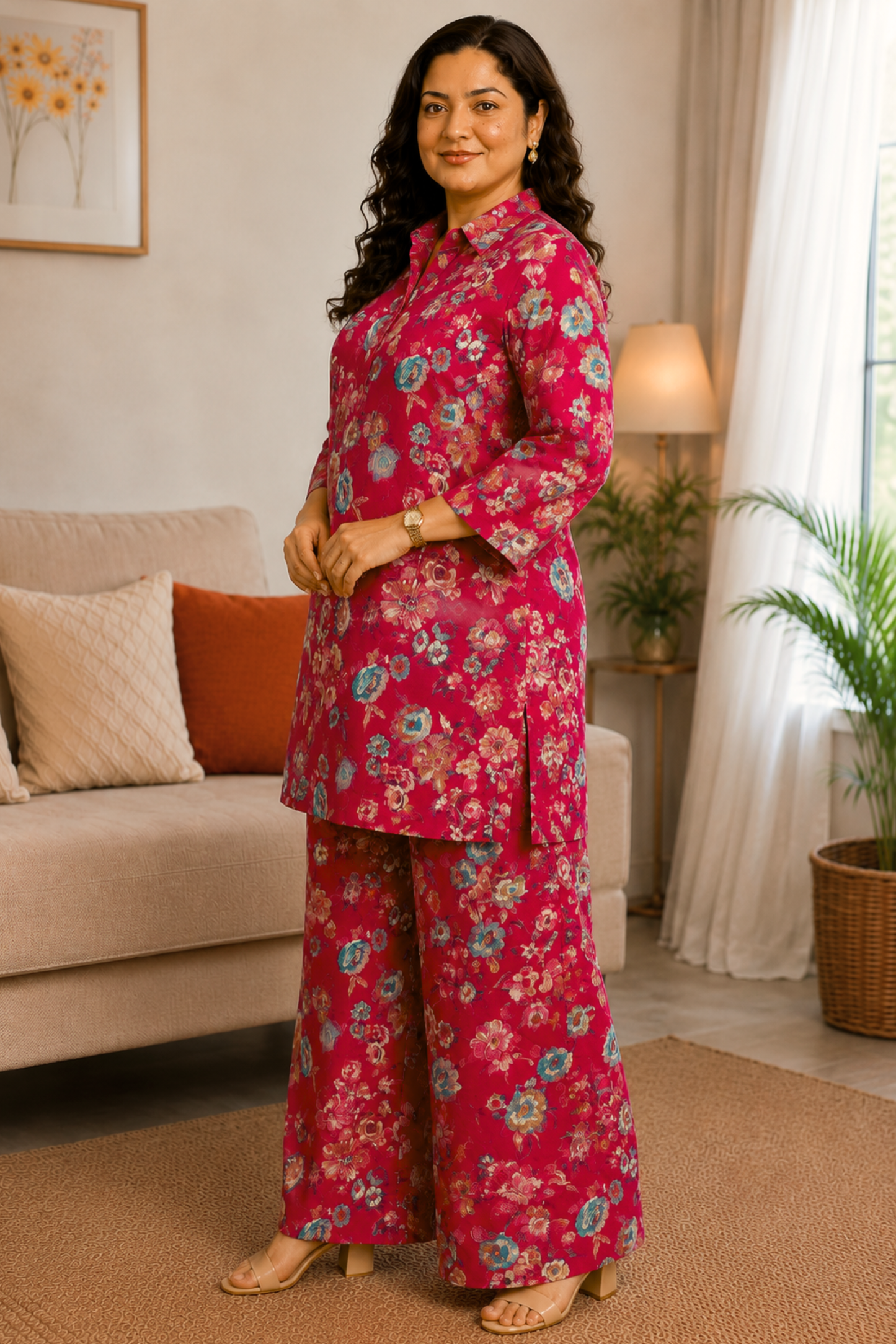 Crimson Jardin Foiled Rayon Co-ord Set