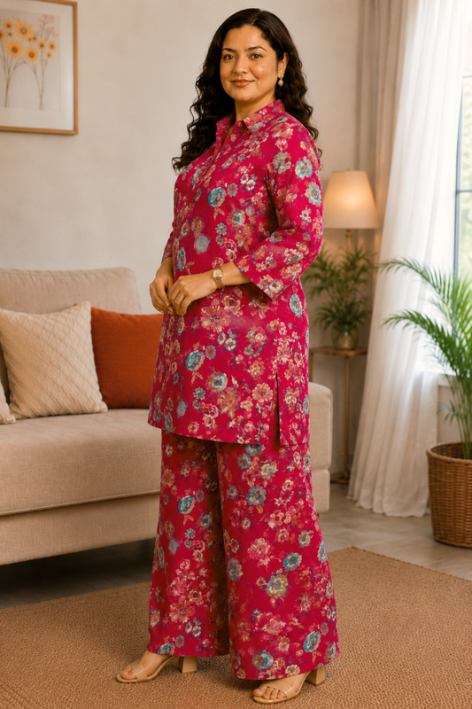 Crimson Jardin Foiled Rayon Co-ord Set