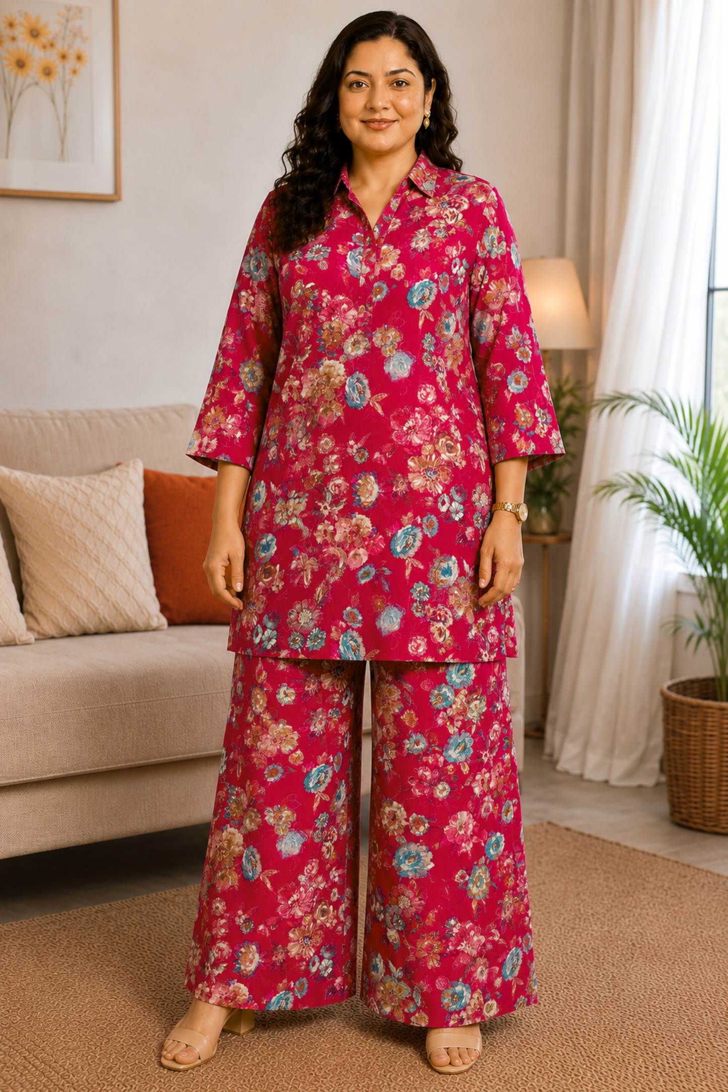 Crimson Jardin Foiled Rayon Co-ord Set
