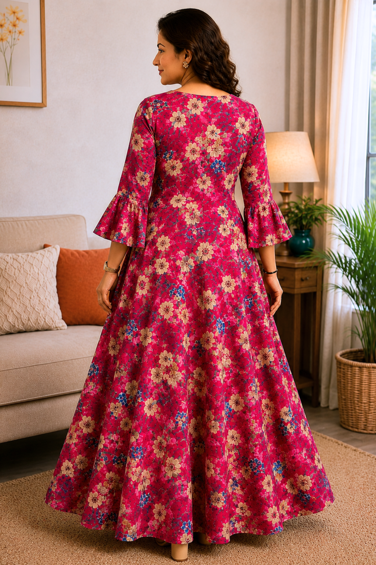 Crimson Jardin Foiled Rayon Dress With Pockets