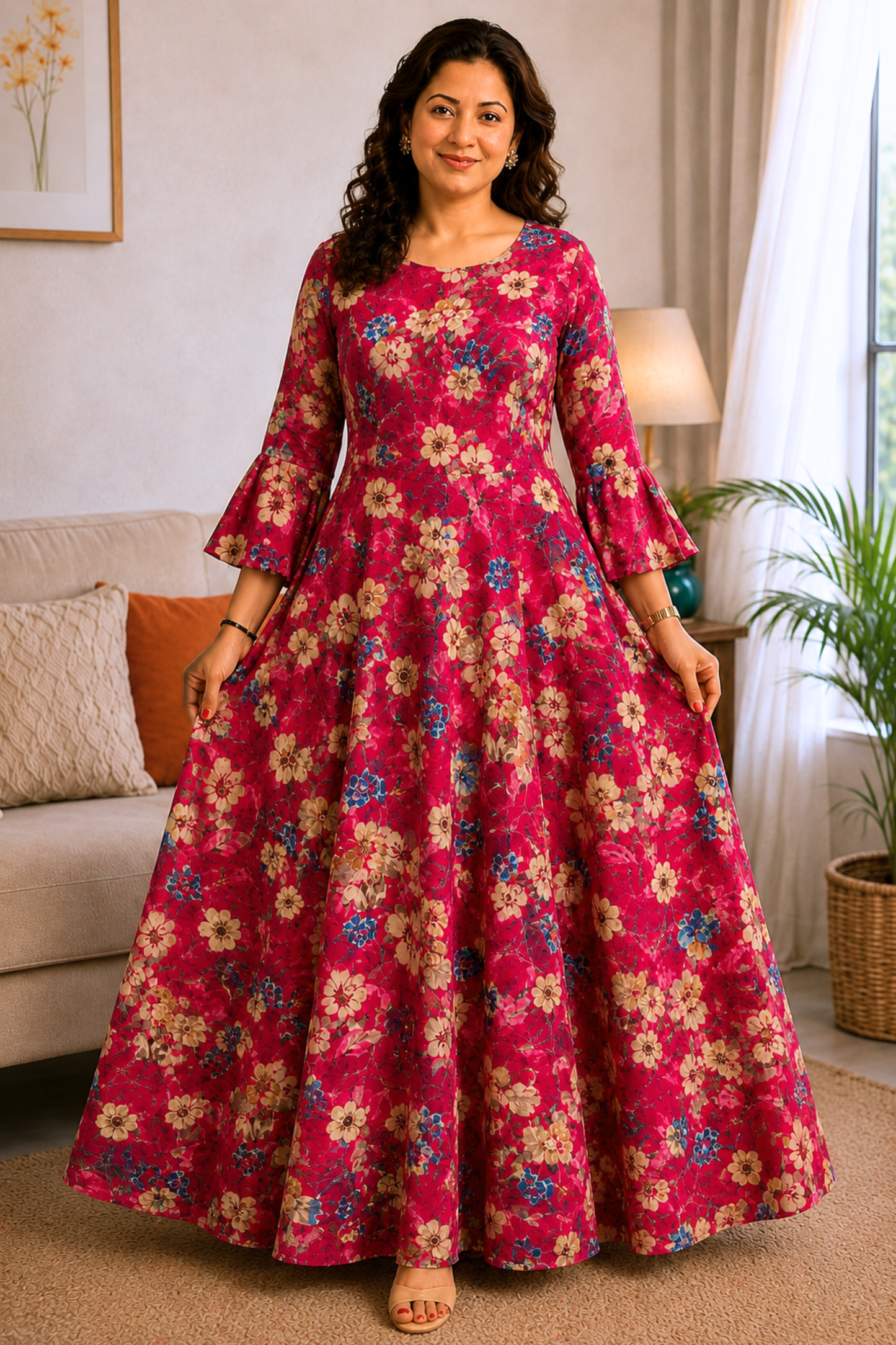 Crimson Jardin Foiled Rayon Dress With Pockets